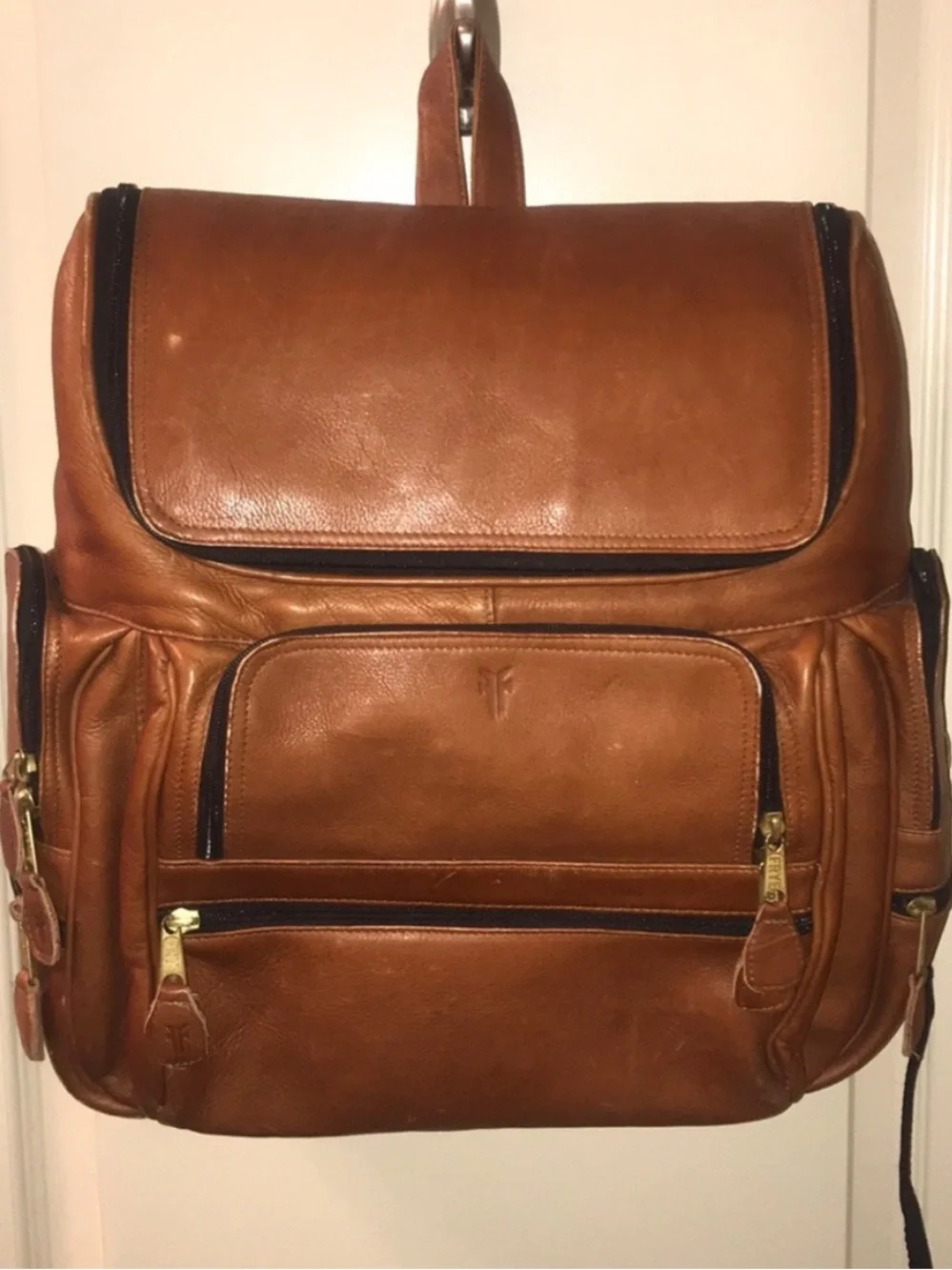 Frye vintage brown leather zippered backpack padded laptop sleeve multi pocket